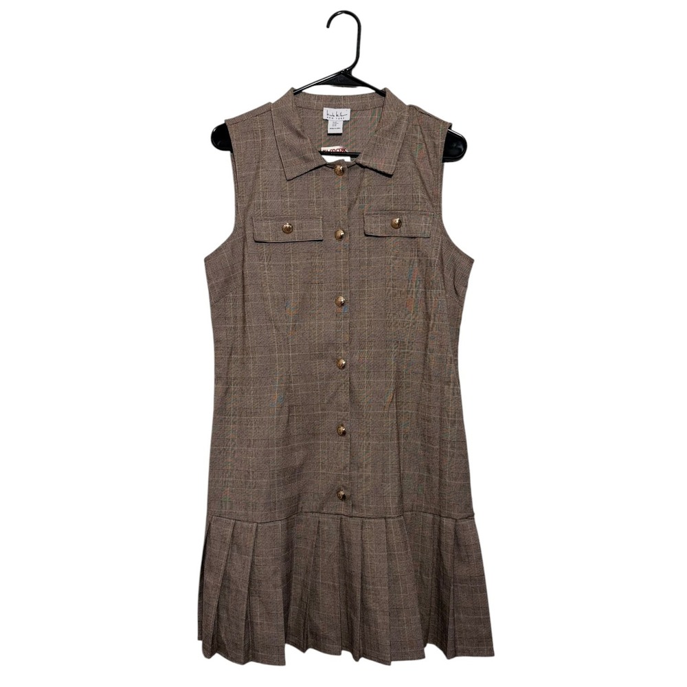 Nicole Miller New York Preppy Plaid Brown Pleated Drop Waist Dress Size M NWT